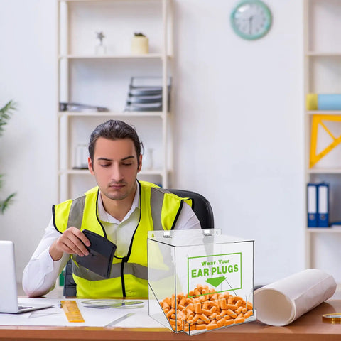 Green Ear Plug Dispenser With Cover And Front Pocket on desk in industrial factory office, big capacity acrylic organizer