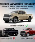Toyota Tundra Double Cab 2007-2019 compatibility image showcasing beige, black, and red truck models for cab types.