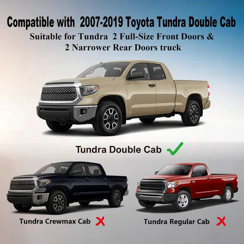 Toyota Tundra Double Cab 2007-2019 compatibility image showcasing beige, black, and red truck models for cab types.