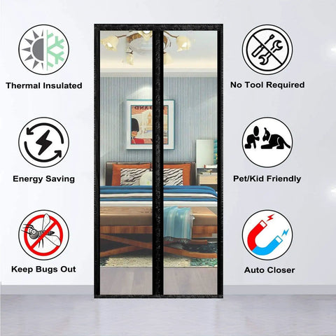 Transparent Magnetic Insulated Curtain for Screen Door with thermal insulation and auto closer features displayed