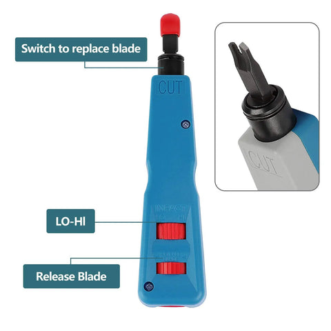 Impact Punch Down Tool with Enlarged Blade Storage for 110/66 Blades, heavy duty, showing twist lock blade holder and one hand operation