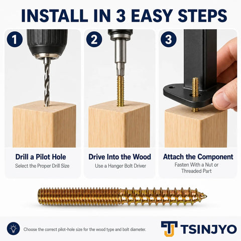 165 Piece M4 And M6 Zinc Plated Hanger Bolts Kit With Double Headed Self Tapping Dowels for DIY Furniture Installation Steps