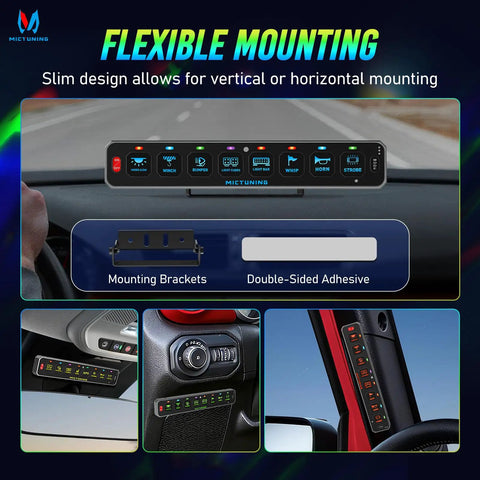 Eight Gang Slim Wireless Switch Panel for Cars RVs and UTvs with flexible vertical or horizontal mounting options shown.