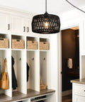 Black Woven Plug In Pendant Light With On Off Switch Rustic Round Ceiling Fixture Made From Natural Fibers Cozy Glow