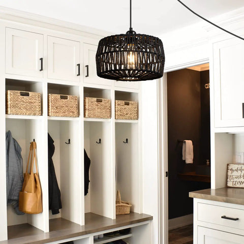 Black Woven Plug In Pendant Light With On Off Switch Rustic Round Ceiling Fixture Made From Natural Fibers Cozy Glow