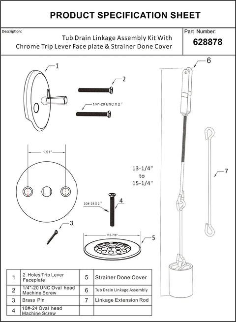 Diagram of tub drainage linkage assembly with trip lever and strainer for bath tub waste overflow drain replacement, part 628878.