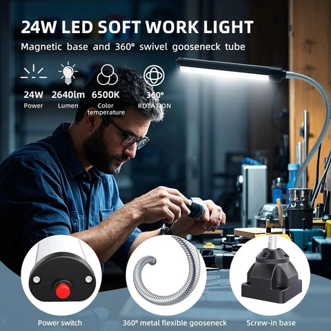 Man using 24W LED Work Light With Flexible Gooseneck And Screw Base, 2400 Lumen Industrial Lamp For Lathe CNC Milling Drill Press Sewing Machine