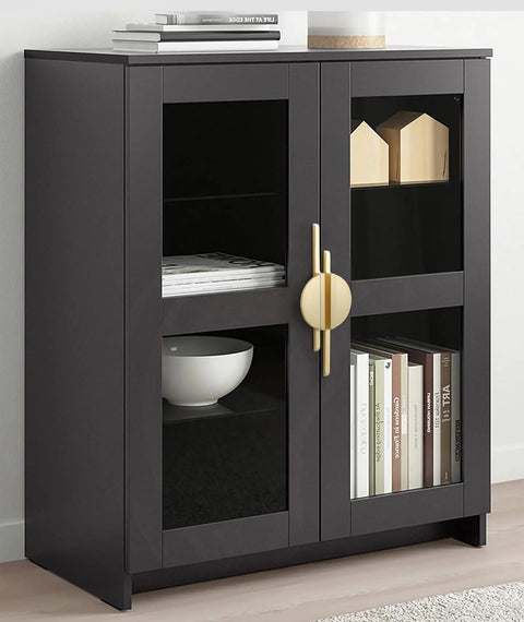Brushed Gold Half Moon Cabinet Pulls 64mm Center to Center, 7.5 Inch Overall Length on black glass door cabinet