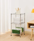 Adjustable Three Tier Corner Storage Rack with Steel Wire Shelves in a room, holding books and stationery, space saving stand