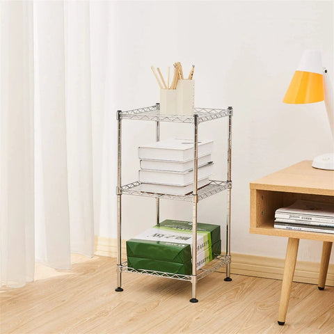 Adjustable Three Tier Corner Storage Rack with Steel Wire Shelves in a room, holding books and stationery, space saving stand