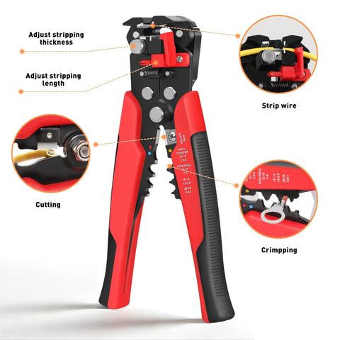 All-in-One Heat Shrink Solder Seal Wire Connectors Kit With Wire Stripper And Heat Gun, showing red and black wire stripper tool.