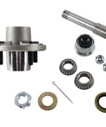 Trailer axle kit set of 2 with 4x4 bolt pattern, 1-in hub and BT8 round spindle, includes bearings and seals.