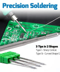 Pro Grade Precision Soldering Iron Station With Temperature Control Preset Channels C to F Conversion Sleep Mode Auto Shutdown Calibration Tools Compatible With C210 Tips For Micro Component Soldering. C210 tips, 3-piece set for PCB soldering