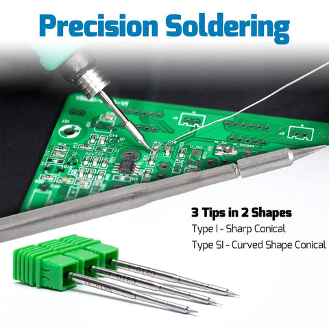 Pro Grade Precision Soldering Iron Station With Temperature Control Preset Channels C to F Conversion Sleep Mode Auto Shutdown Calibration Tools Compatible With C210 Tips For Micro Component Soldering. C210 tips, 3-piece set for PCB soldering