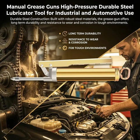 200cc Manual High Pressure Grease Gun with handle used on industrial equipment and auto repair, durable steel