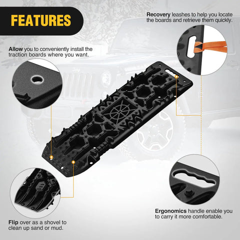 Tough As Nails Off Road Recovery Traction Boards With Built In Jack Lift Base for Mud Sand Snow, detailed handle and recovery leash features.