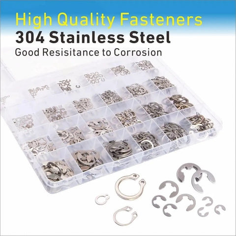 327 Piece Stainless Steel E Clip Circlip Kit Retaining Ring Set With 24 Sizes For E Clips And C Rings in clear storage case