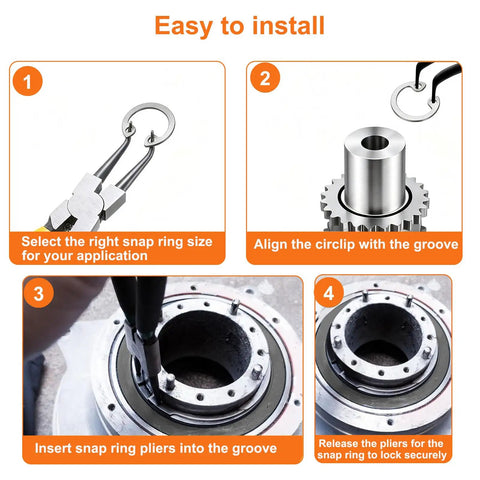 C Clip Assortment Kit Stainless Steel 200 Pcs M10 To M20 Internal And External Snap Rings 304 Stainless 10 Sizes For Auto Machinery And DIY Projects Great For Mechanics, installation steps