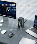 Sick Desk Organization Hack That Slaps With 230W Fast Charging Tower Featuring Eight Smart USB Ports For Laptops Phones And Tablets Vertical Power Strip in a modern office setup.