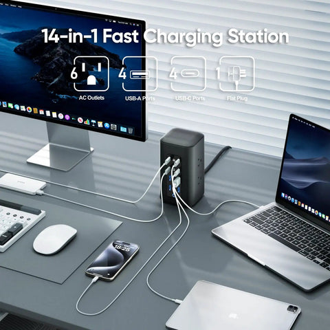 Sick Desk Organization Hack That Slaps With 230W Fast Charging Tower Featuring Eight Smart USB Ports For Laptops Phones And Tablets Vertical Power Strip in a modern office setup.
