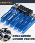 Pro Grade 15 Piece Setup Gauge Set With 3 Inch Bars For Router Table Height And Cutter Height Adjustments For Table Saw Band Saw And Drill Press Aluminum Marking Gauge For Woodworking And Carpentry, showing blue aluminum gauge blocks with digital caliper.