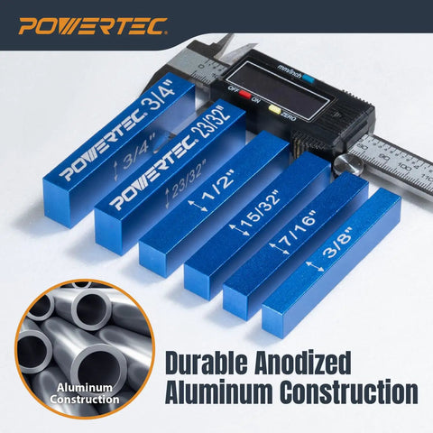 Pro Grade 15 Piece Setup Gauge Set With 3 Inch Bars For Router Table Height And Cutter Height Adjustments For Table Saw Band Saw And Drill Press Aluminum Marking Gauge For Woodworking And Carpentry, showing blue aluminum gauge blocks with digital caliper.