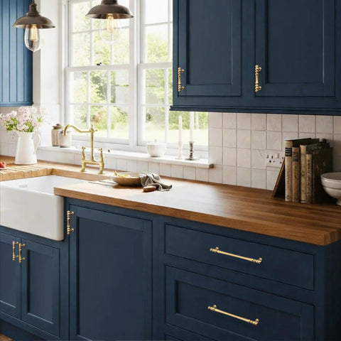 Heavy Duty Solid Zinc Alloy Cabinet Pulls Set Of 10 In Champagne Bronze Gold Finish With 5 Inch Hole Centers 128mm visible on blue cabinets