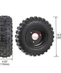 Two black wheels with dimensions for All In One Go Kart Chassis Kit With 32 Inch Rear Live Axle And Front Steering Assembly, Four 6 Inch Wheels, 428 Sprocket And Brake For Easy DIY Build And Custom Buggy.