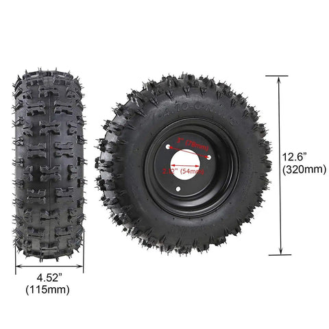 Two black wheels with dimensions for All In One Go Kart Chassis Kit With 32 Inch Rear Live Axle And Front Steering Assembly, Four 6 Inch Wheels, 428 Sprocket And Brake For Easy DIY Build And Custom Buggy.