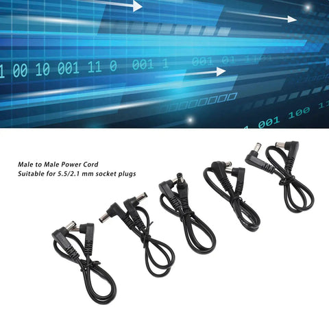 90 Degree Angled Dc Power Extension Cable Five Piece Set Male To Male 5.5Mm By 2.1Mm Connector, five leads with black cables.
