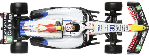 Top view of a One To Sixty Four Scale Premium Die Cast Formula One Race Car With Real Riders Tires Metal Body And Chassis Includes Display Plinth And Collectible Packaging Styles May Vary Must Have For Gearheads And Car Collectors