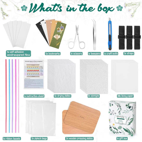 Contents of the Professional Flower Press Kit With Six Layers And A 6.3 By 8.3 Inch Pressing Area for Adults and Kids, including accessories.