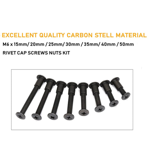 M6 Furniture Connector Bolts And Barrel Nuts Set Black Zinc Plated Phillips Drive showing bolt sizes with rivet caps