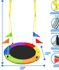 Heavy Duty 750Lb Saucer Tree Swing With Adjustable Straps, 40-inch multi-color seat, and flags for indoor outdoor backyard play