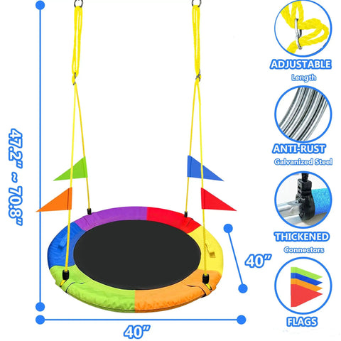 Heavy Duty 750Lb Saucer Tree Swing With Adjustable Straps, 40-inch multi-color seat, and flags for indoor outdoor backyard play