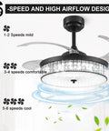 42 Inch Retractable Ceiling Fan Chandelier With Lights And Remote Crystal Fandelier showing speed settings and airflow design