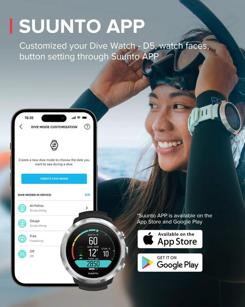 D5 Wrist Dive Computer With USB Cable Black, 100m Water Resistant, Wireless Tank Pressure shown with app customization.