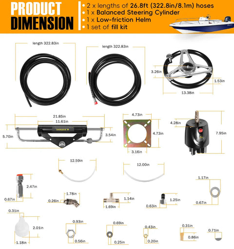 Upgrade Your Boat With A 150HP Hydraulic Outboard Steering Kit For Boats Featuring Electroplated Steering Wheel Helm Pump Hydraulic Cylinder 26 Ft PU Hoses Fits Most Single Outboard Powered Boats Up To 150 HP image showing components and dimensions
