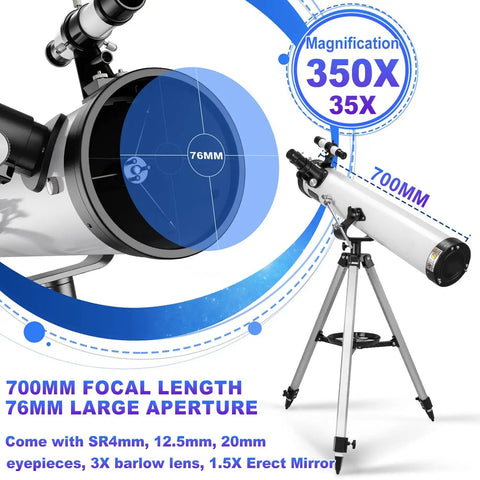Portable 76mm Aperture Reflector Telescope With 700mm Focal Length 35x to 525x Magnification on sturdy tripod