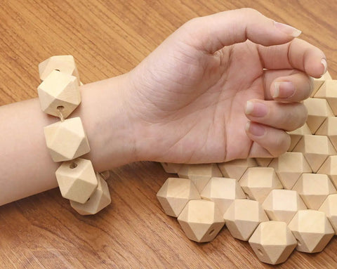 Unpainted Faceted Geometric Wood Beads 16mm With 3.5mm Holes Natural Color for DIY Jewelry Making as bracelet on wrist