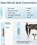 Heat shrink butt connectors with specifications including 16AWG, 15A, 10 cm length, 24 pcs, and dimensions shown with caliper.