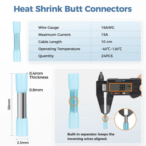Heat shrink butt connectors with specifications including 16AWG, 15A, 10 cm length, 24 pcs, and dimensions shown with caliper.