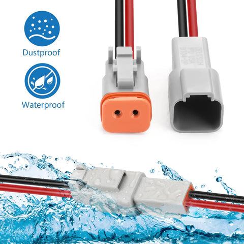 2 Pin Waterproof Connectors 14 AWG DT Series Automotive Plug Kit, male and female connectors with water splash effect