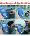Heavy Duty Handheld Digital Metal Hardness Tester With Dual Coil Design And Wireless Print Capabilities For Steel Or Aluminum Alloy Straight Up Precision Testing in use on various metal surfaces.