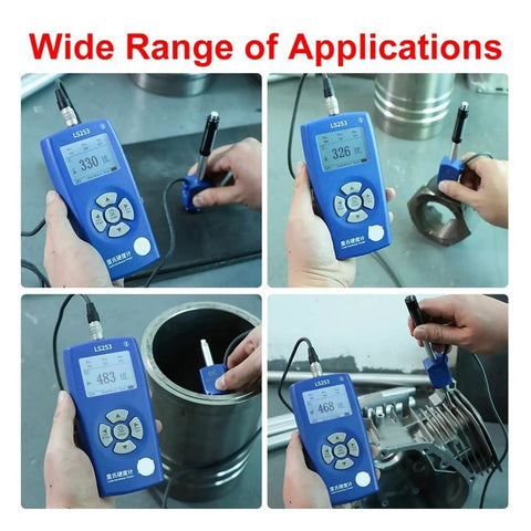 Heavy Duty Handheld Digital Metal Hardness Tester With Dual Coil Design And Wireless Print Capabilities For Steel Or Aluminum Alloy Straight Up Precision Testing in use on various metal surfaces.