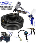 Beefy Rubber Air Hose Three Eighths Inch ID 50 Feet With Swivel Aluminum Quick Coupler And Plug surrounded by pneumatic tools.