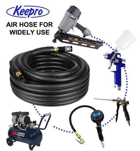 Beefy Rubber Air Hose Three Eighths Inch ID 50 Feet With Swivel Aluminum Quick Coupler And Plug surrounded by pneumatic tools.