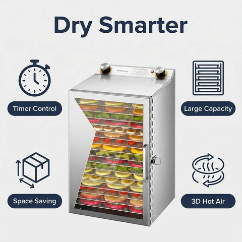 Powerful 800W Food Dehydrator Machine with 18 Layer Stainless Steel Trays displaying assorted dried fruits, timer control, 3D air circulation.