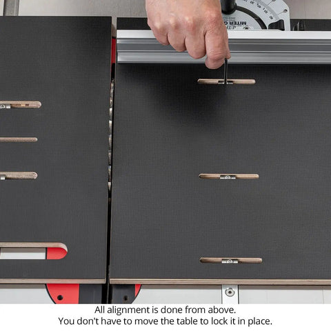 StealthStop Miter Sled With Drop Zone showing fence adjustment for precise cross-cut alignment on table saw setup.