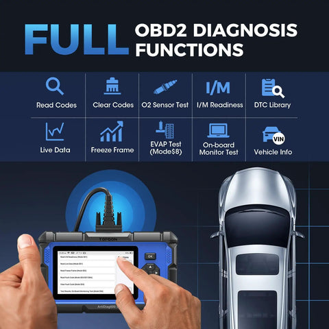 Hands using OBD2 Scanner Pro Grade With 9 Reset Services For ABS SRS AT Engine Oil Brake TPMS DPF SAS BMS Injector Coding